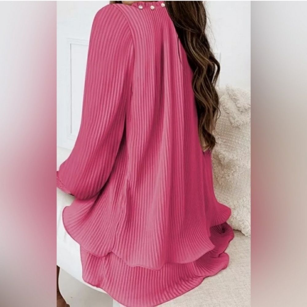 Luna Boutique Pink Pearl Double Layer Ruffle Hem Crinkled Chiffon Blouse Sz 2X - Picture 2 of 4